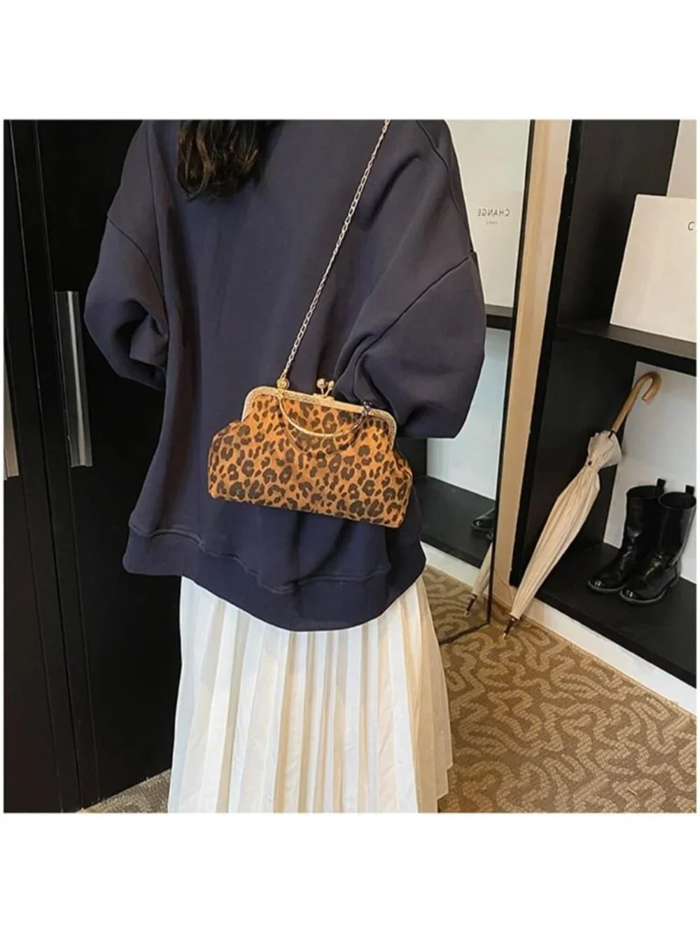 Faux Suede Kiss Lock Evening Clutch Purse with Chain Shoulder Strap